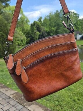 HESHE Triple Zip Crossbody Bag Vintage Leather Medium Size Purse